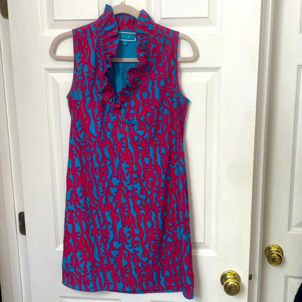 Southern Frock red & teal coral pattern summer dress. Sz XS excellent condition